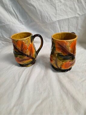Handpainted Ceramic Mugs with Autumn Leaf Relief